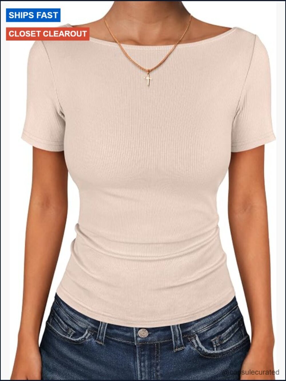 Ribbed Knit Fitted T-Shirt, Boat Neck Short Sleeve, All-Day Comfy for Work &